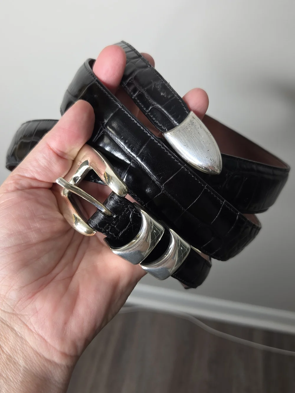 Crook Horn Black Croc-Embossed Leather Men's Belt with Silver Hardware